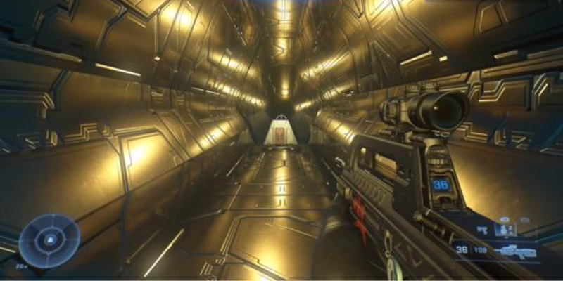 Hình ảnh map Zeta Halo trong Halo Infinite rực rỡ với cảnh quan vũ trụ