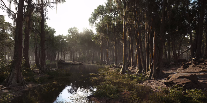 Hình ảnh map Stillwater Bayou trong Hunt Showdown tái hiện sống động với đầm lầy u ám